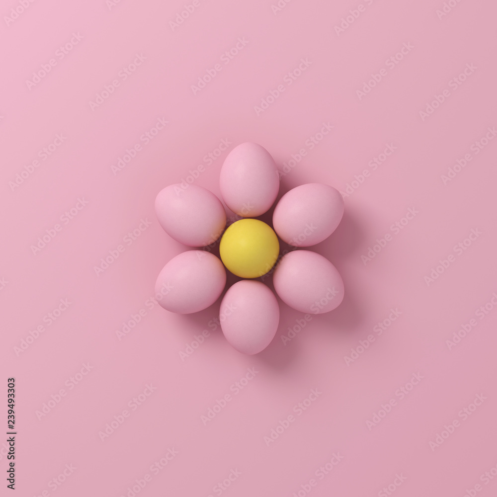 Pink and yellow eggs flower shape on pink background.minimal style