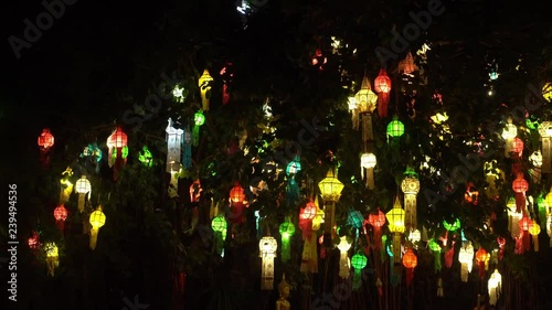 Tree Decorated with Colorful Lanterns during Loy Krathong Festival in Chiang Mai, Thailand photo