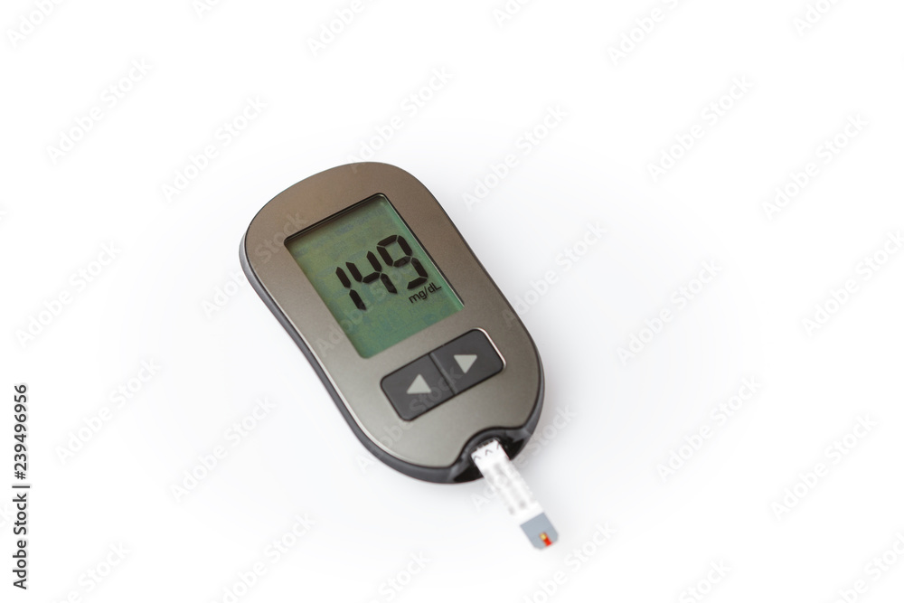Danger of hyperglycemia, glucometer with high blood sugar isolated on white background