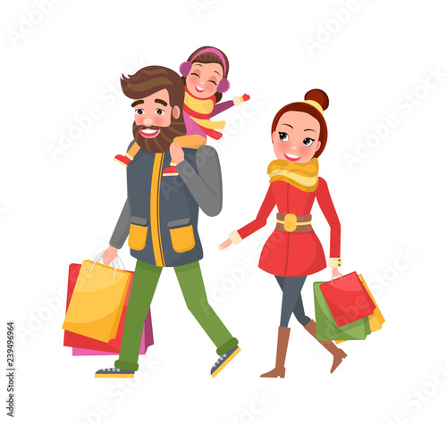 Christmas Shopping Happy Family with Packet Vector