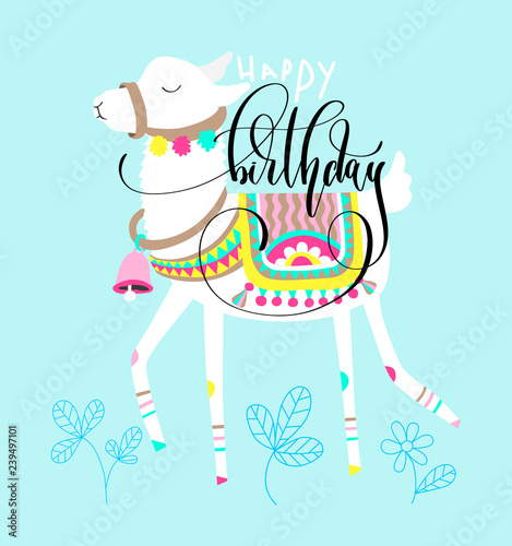 Happy birthday greeting card, white llama on blue background