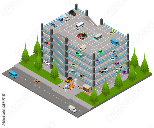 Multi Storey Car Park Concept 3d Isometric View. Vector
