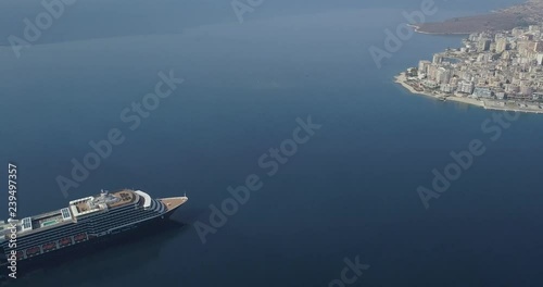 Aerial view of cruise ship in Saranda, Albania.  Sea, mountains and cruise liner.