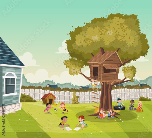 Cartoon kids playing on the backyard of a colorful house in suburb neighborho...