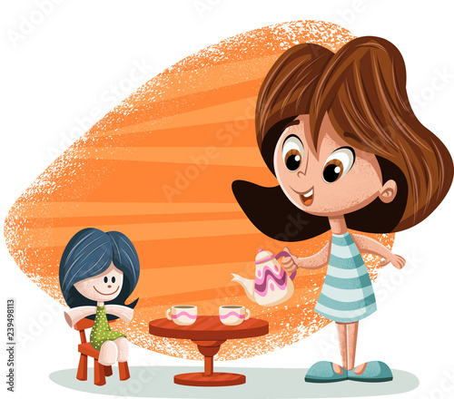 Cute happy cartoon girl playing with doll.