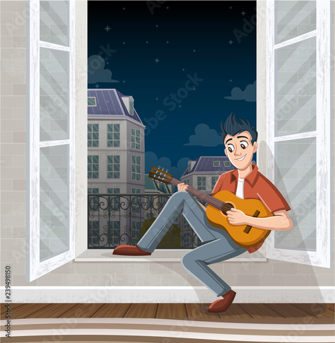 Young man playing guitar in the window. Music in the city.