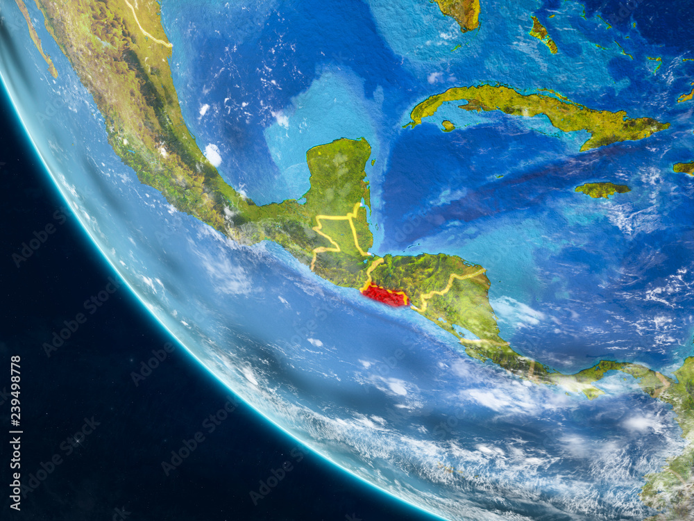 El Salvador on planet Earth from space with country borders. Very fine detail of planet surface and clouds.