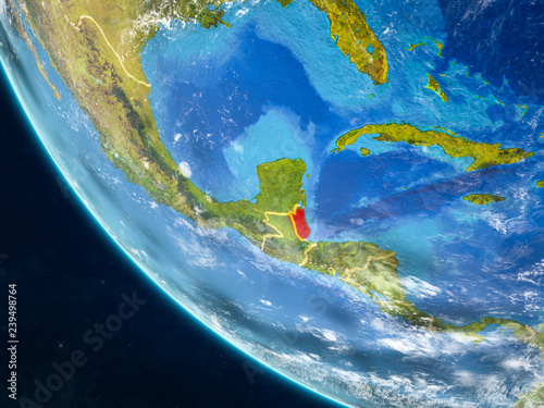 Belize on planet Earth from space with country borders. Very fine detail of planet surface and clouds.