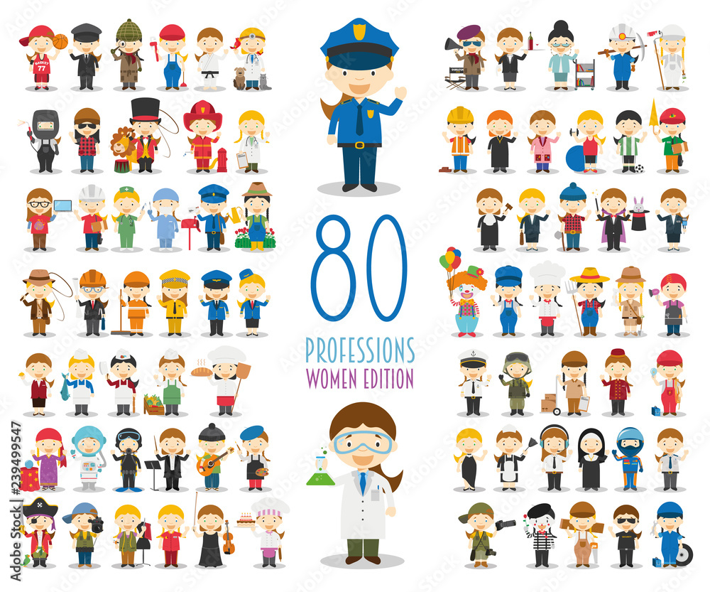 Kids Vector Characters Collection: Set of 80 different professions in cartoon style. Women Edition. - obrazy, fototapety, plakaty 