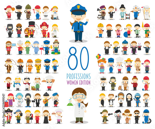 Kids Vector Characters Collection: Set of 80 different professions in cartoon style. Women Edition.