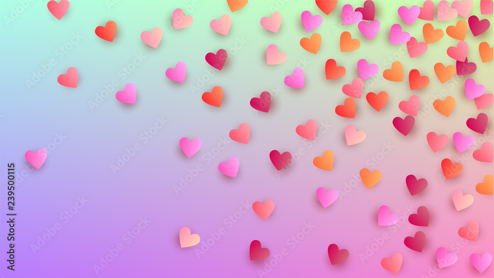 Valentine's Day Background. Poster Template. Many Random Falling Purple Hearts on Hologram Backdrop. Heart Confetti Pattern. Vector Valentine's Day Background.