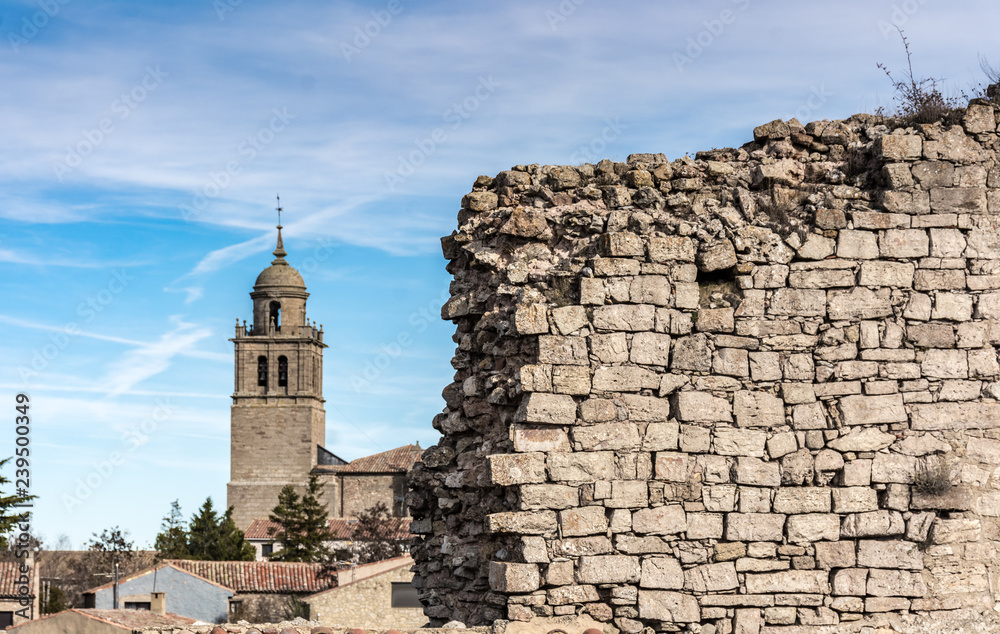 Village of Medinaceli and view of the collegiate church in Soria, Spain.