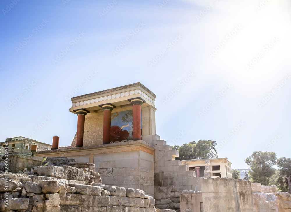 Fototapeta premium The North Entrance of the Palace with charging bull fresco in Knossos at Crete