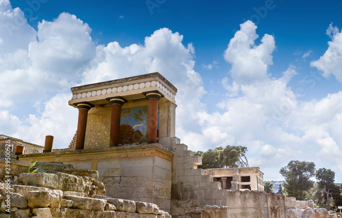 The North Entrance of the Palace with charging bull fresco in Knossos at Crete