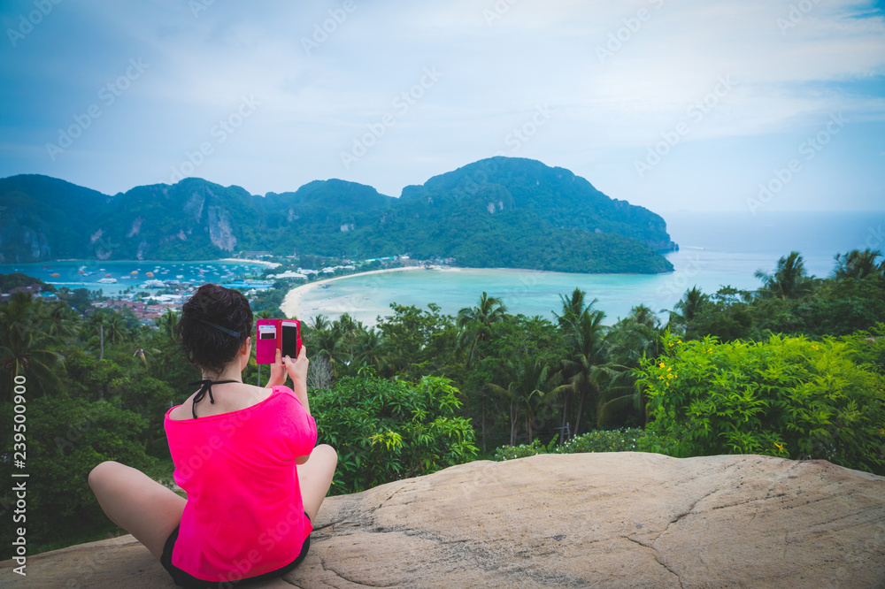 Woman on Beautiful Tropical Beach PP Island, Krabi, Phuket, Thaialnd blue ocean background girl items vacation accessories for holiday or long weekend a guide  choice idea for planning travel