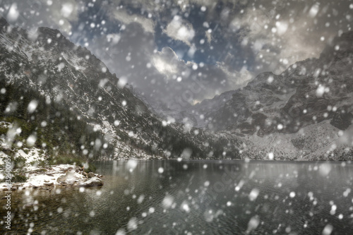 Heavy snowfall at Eye of the Sea lake in Tatra mountains, Poland