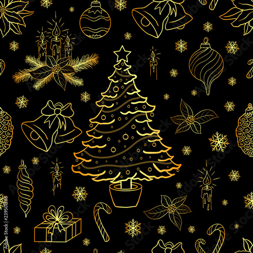 Seamless pattern with golden christmas decorative elements on black background. Vector illustration