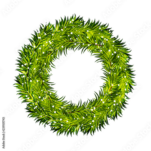 Wreath of pine tree branches on white background vector