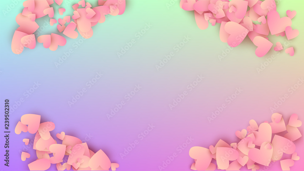 Love Background. Many Random Falling Beautifull Hearts on Hologram Backdrop. Heart Confetti Pattern. Card Template. Vector Love Background.