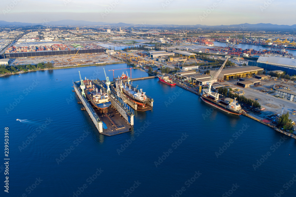 TOP VIEW, Aerial View of Industrial port with containers ship, business logistics concept, Aerial view from drone.