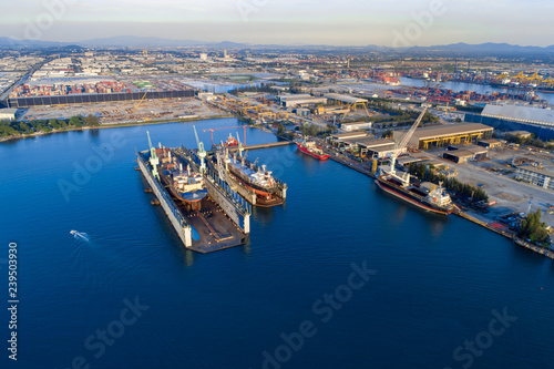 TOP VIEW  Aerial View of Industrial port with containers ship  business logistics concept  Aerial view from drone.