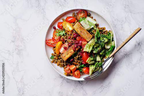 Vegetarian lentil salad with fried cheese, greens and fresh vegeables