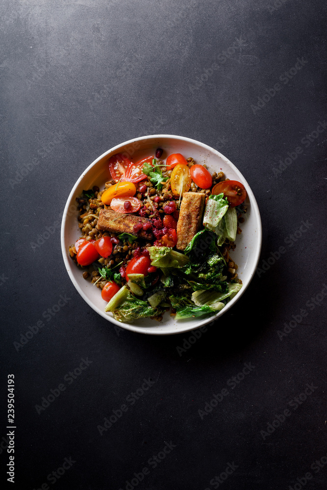 Vegetarian lentil salad with fried cheese, greens and fresh vegeables Vegetarian lentil salad with fried cheese, greens and fresh vegeables