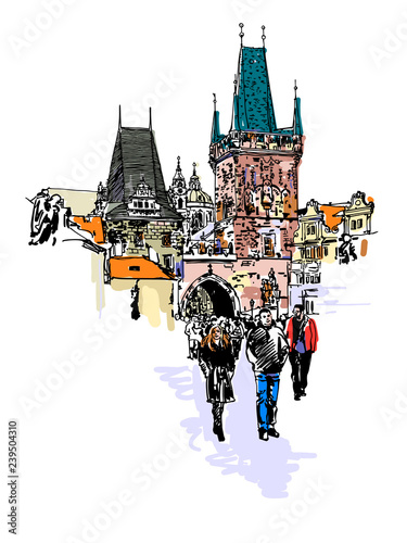A view of the Charles Bridge tower in Prague sketch drawing