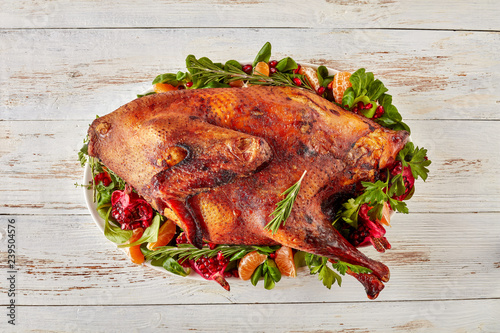 overhead view of whole roasted free-range turkey