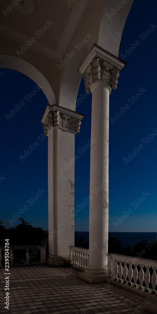 White columns against the sky and the sea, the ruins of the hotel.