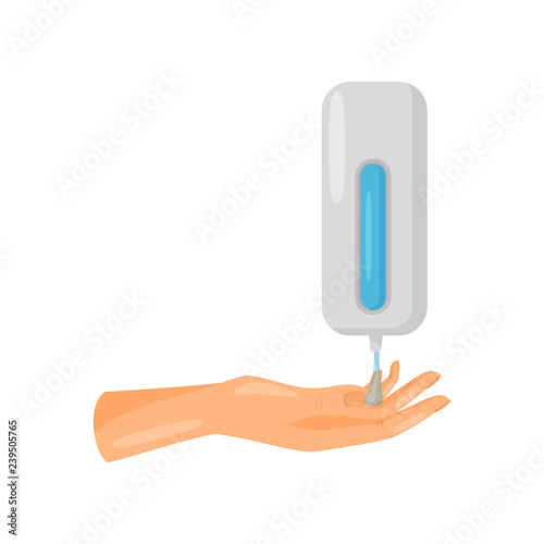 Washing hands with soap, hand sanitizer dispenser pump with drops of liquid, prevention of infectious diseases, health care and sanitation vector Illustration