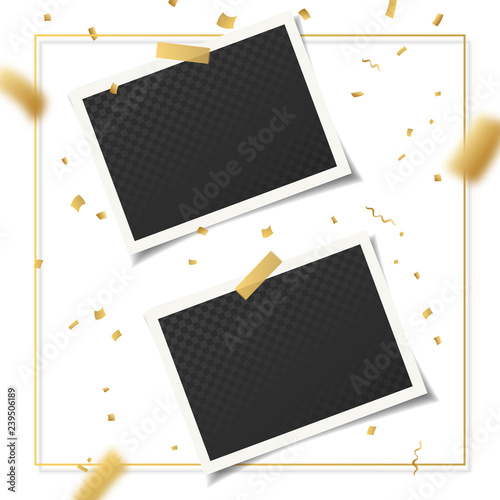 Set of vintage photo frames with adhesive tape, golden confetti and gold square 3d frame. Vector illustration with adhesive tapes. Photo realistic vector mockups. Retro photo frame Template for photos