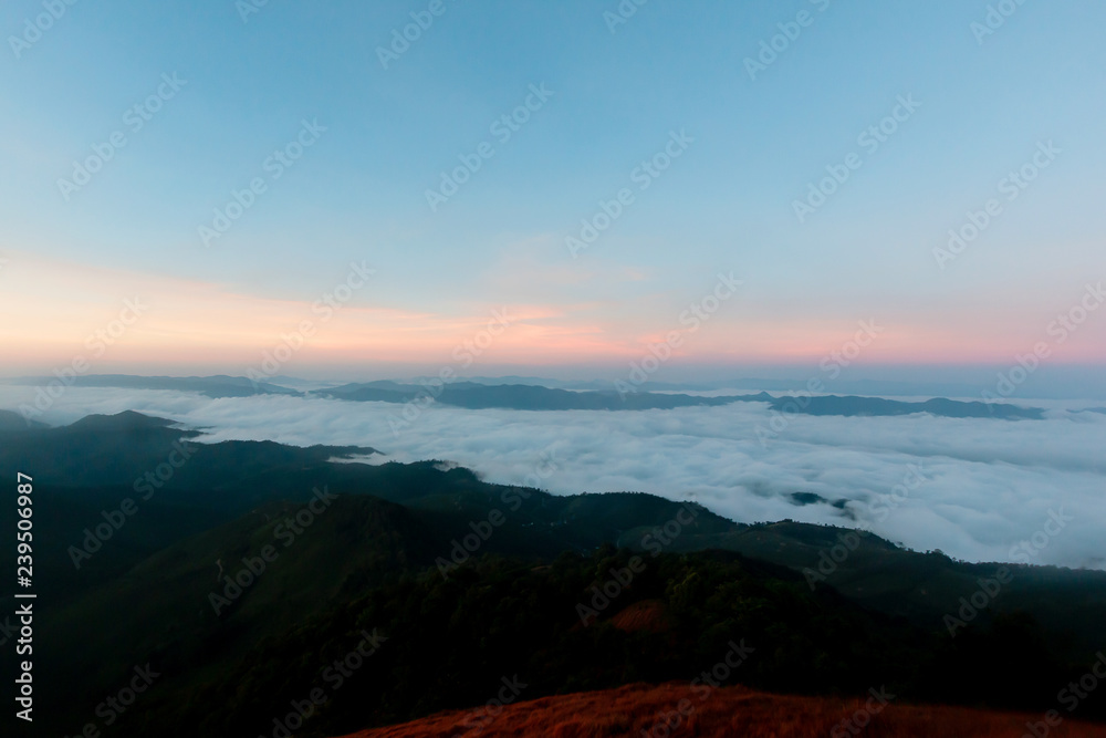 beautiful Fog at the top of the mountain Before sunrise
