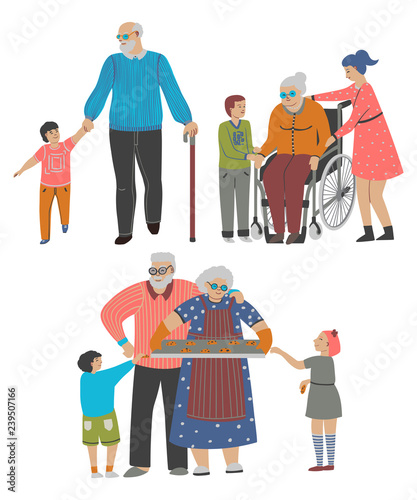 Grandparents with grandchildren set. Isolated on white background. Vector illustration