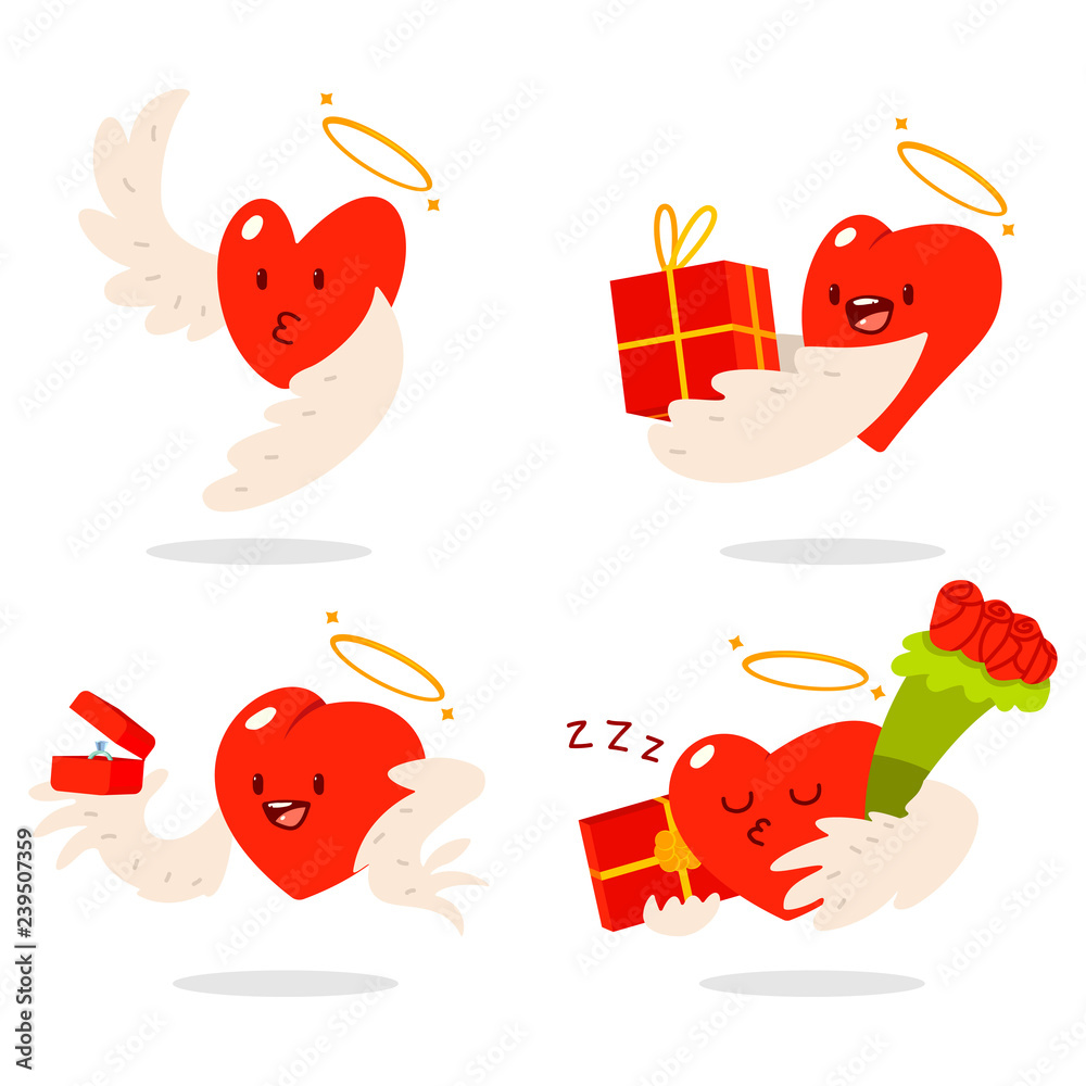 Cute hearts characters with angel wings and halos in different actions: with gift box, flower bouquet and wedding ring. Valentine day vector cartoon concept illustration.