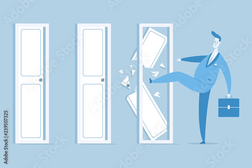 Businessman in a suit with a suitcase break closed doors. Vector concept flat illustration.