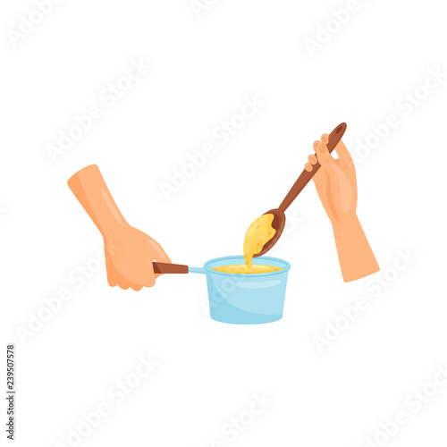 Hands holding a pot with sauce, cooking process vector Illustration on a white background