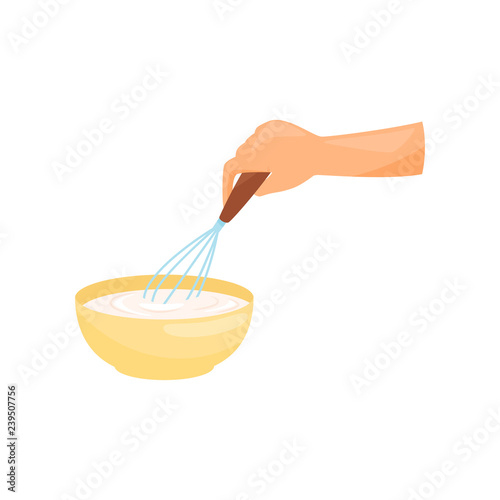 Hand cooking the dough in a bowl with a whisk vector Illustration on a white background