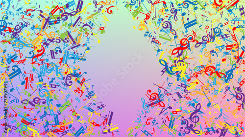 Disco Background. Colorful Musical Notes Symbol Falling on Hologram Background. Many Random Falling Notes, Bass and, G Clef. Disco Vector Template with Musical Symbols.