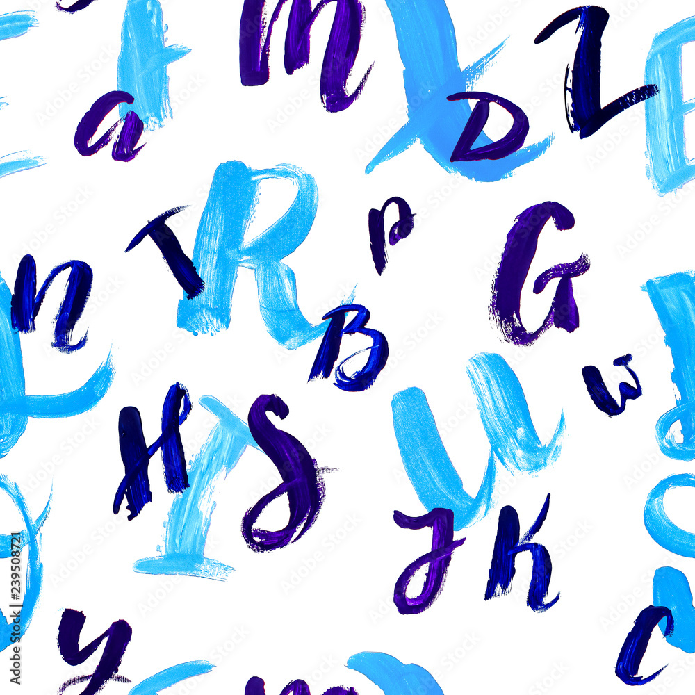 Seamless pattern with hand drawn letters. Ink Blue Letters written with dry brush on white background Seamless pattern with hand drawn letters. Ink Blue Letters written with dry brush on white background