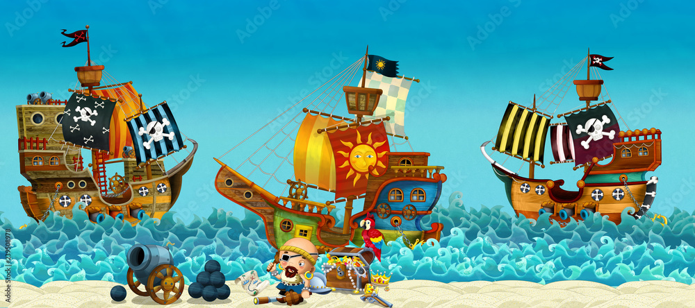 Naklejka premium Scena kreskówki plaży w pobliżu morza lub oceanu - piracki kapitan na brzegu i skrzynia skarbów - pirackie statki - ilustracja dla dzieci