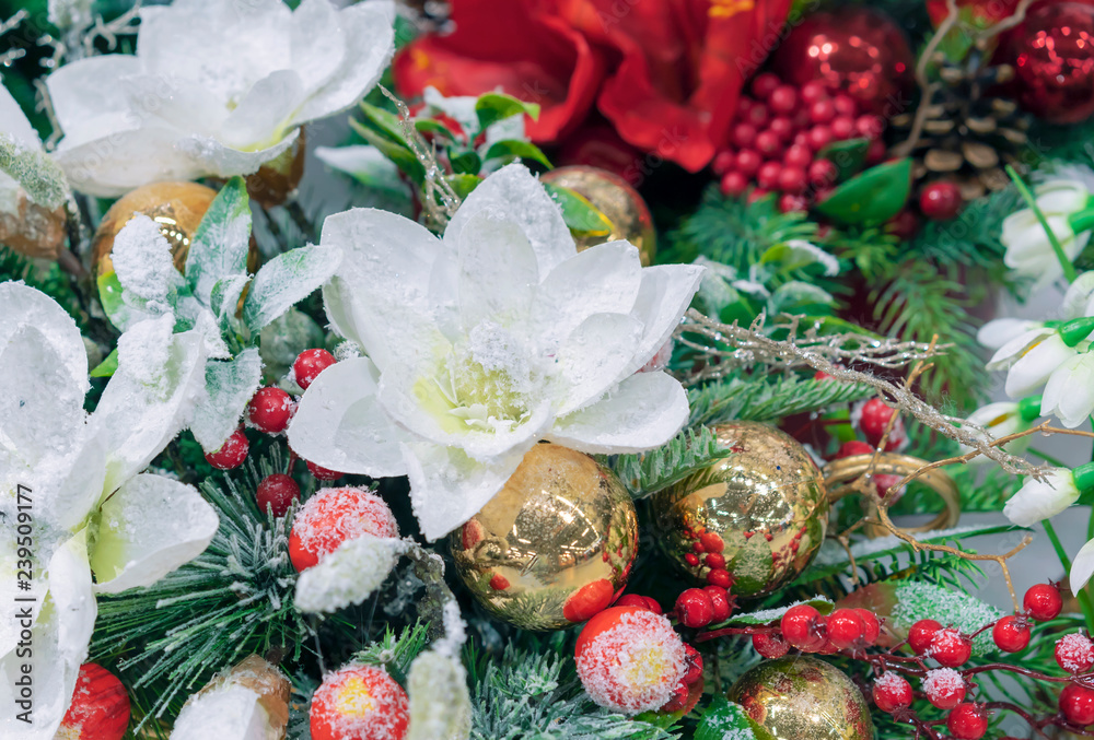 Christmas composition with flowers, berries and decorations. Christmas composition with flowers, berries and decorations.
