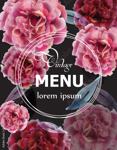 Pink roses watercolor menu card template Vector. Invitation card, wedding cer...