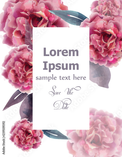 Pink roses watercolor menu card template Vector. Invitation card, wedding cer...