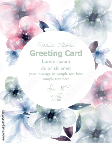 Spring flowers watercolor round card Vector. Delicate blooming floral banner ...