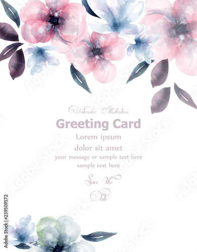 Spring flowers watercolor card Vector. Delicate blooming floral banner decor....