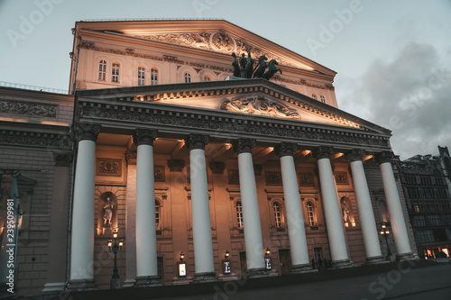 Bolshoi theatre in the evening in Moscow, Russia. Bolshoi theatre against the cloudy sky. no people