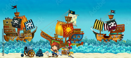 Cartoon scene of beach near the sea or ocean - pirate captain on the shore and treasure chest - pirate ships - illustration for children © honeyflavour