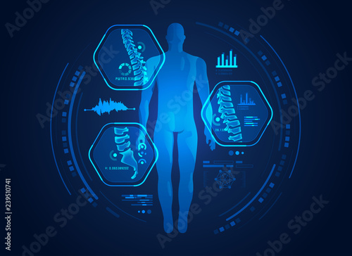 graphic of man’s back x-ray with digital science interface of spines and bones scan for orthopedic proposes