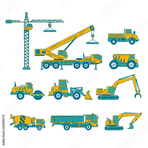 vector of construction machinery comprising with crane, excavator, bulldozer, tractor and truck in flat design for industrial infographic